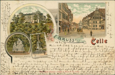 Alte Ansichtskarte Celle, Schloss, Markt & Rathaus,Karolinen-Mathilden-Denkmal, Krieger-Denkmal