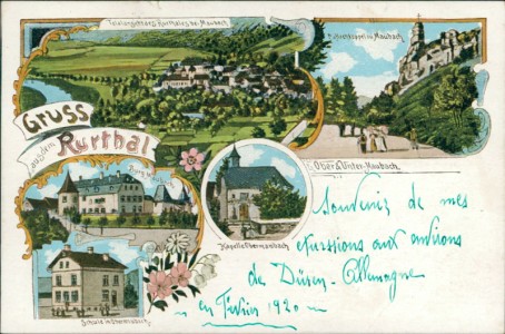 Alte Ansichtskarte Kreuzau-Obermaubach, Totalansicht des Ruhrtals bei Maubach, Hochkoppel, Burg Maubach, Kapelle Obermaubach, Schule in Obermaubach