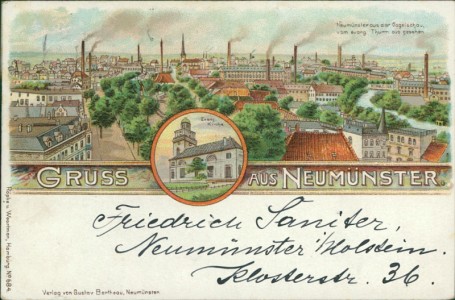 Alte Ansichtskarte Neumünster, Neumünster aus der Vogelschau vom evang. Turm aus gesehen, Evang. Kirche