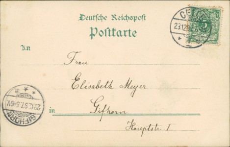 Adressseite der Ansichtskarte Celle, Schloss, Markt & Rathaus,Karolinen-Mathilden-Denkmal, Krieger-Denkmal