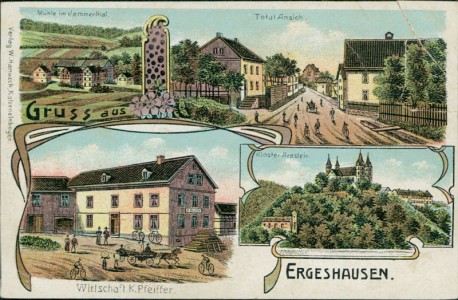 Alte Ansichtskarte Ergeshausen (Aar-Einrich), Mühle im Jammertal, Totalansicht, Wirtschaft K. Pfeiffer, Kloster Arnstein (GROßER ECKKNICK OBEN RECHTS MIT RIESENGROßEN EINRISSEN)