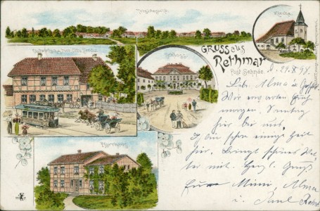 Alte Ansichtskarte Sehnde-Rethmar, Totalansicht, Kirche, Gastwirtschaft von Otto Bendix mit Straßenbahn, Schloss, Pfarrhaus