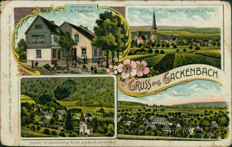 Alte Ansichtskarte Gackenbach (Montabaur), Wirtschaft von A. Ferdinand, Oberer Teil mit Kirche u. Pfarrhaus, Kirchähr, Totalansicht (SCHLECHTE ERHALTUNG)