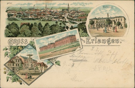 Alte Ansichtskarte Erlangen, Gesamtansicht, Bahnhof, Kaserne, Kunst-Brunnen (HORIZONTALER KNICK ÜBER DIE GANZE KARTE)