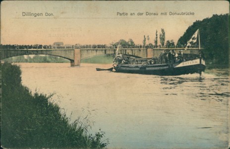 Alte Ansichtskarte Dillingen a.d.Donau, Partie an der Donau mit Donaubrücke (Kriegsgefangenensendung)