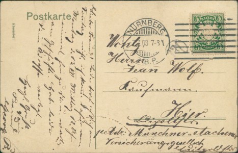 Adressseite der Ansichtskarte Fürth, Regnitzpartie und Städt. Schlachthof