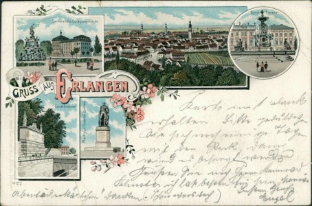 Alte Ansichtskarte Erlangen, Universitäts-Collegiengebäude, Gesamtansicht, Kunst-Brunnen, Canaldenkmal, Markgraf-Friedrich-Denkmal