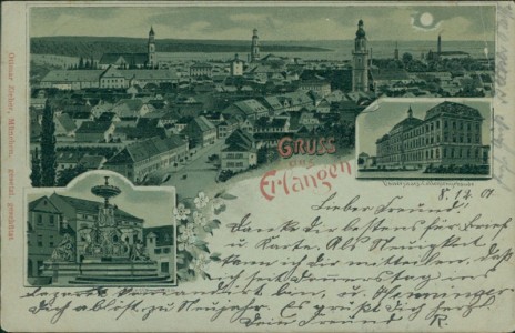 Alte Ansichtskarte Erlangen, Gesamtansicht im Mondschein, Universitäts-Collegiengebäude, Kunstbrunnen