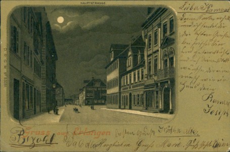 Alte Ansichtskarte Erlangen, Hauptstrasse im Mondschein