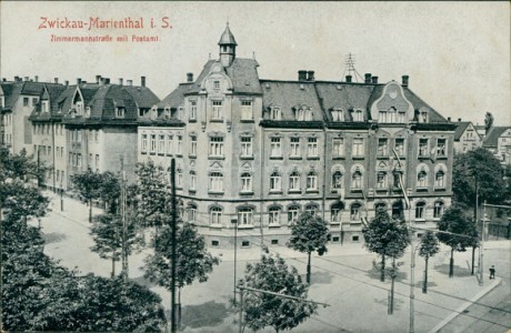 Alte Ansichtskarte Zwickau-Marienthal, Zimmermannstraße mit Postamt