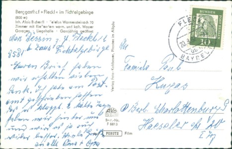 Adressseite der Ansichtskarte Warmensteinach-Fleckl, Berggasthof Fleckl im Fichtelgebirge, Inh. Alois Bscheidl