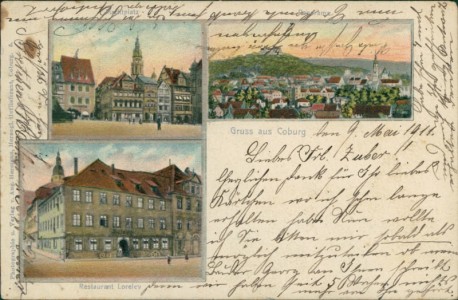 Alte Ansichtskarte Coburg, Marktplatz, Panorama, Restaurant Loreley