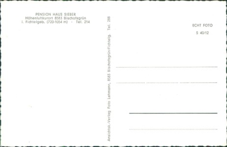 Adressseite der Ansichtskarte Bischofsgrün, Pension Haus Sieber