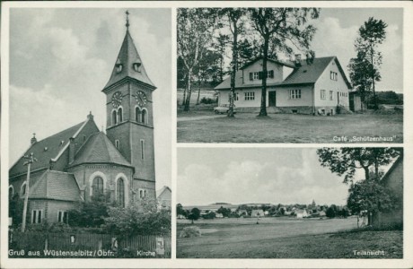Alte Ansichtskarte Helmbrechts-Wüstenselbitz, Kirche, Café Schützenhaus, Teilansicht