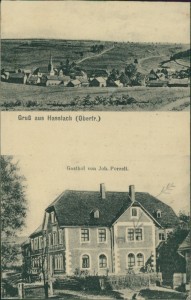 Alte Ansichtskarte Haßlach bei Kronach, Gesamtansicht, Gasthof von Joh. Porzelt (BESCHNITTEN)