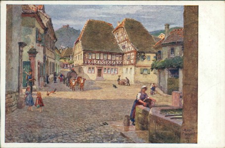Alte Ansichtskarte Dorfplatz in Hambach, Pfälzer Heimatbilder, herausgegeben vom Pfälzerwald-Verein V.-A.