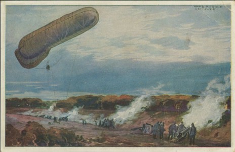 Alte Ansichtskarte Fesselballon, unter Artilleriewirkung beobachtend, nach einem Gemälde von Prof. Hans Rudolf Schulze, Berlin