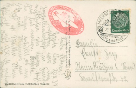 Adressseite der Ansichtskarte Friedrichshafen a. B. mit LZ 129 "Hindenburg" vom Flugzeug aus, Zeppelin