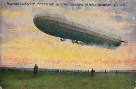 Alte Ansichtskarte Marine-Luftschiff LZ kurz vor der ersten Landung in Johannisthal am 20.9.1913, Zeppelin