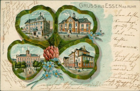 Alte Ansichtskarte Essen, Kruppsches Privat-Hotel "Essener Hof", Kaiserin Augusta Victoria Erholungshaus, Kruppsche Bücherhalle, Kruppsche Logierhäuser, Kleeblatt