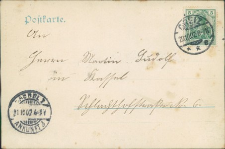 Adressseite der Ansichtskarte Greiz, Greizer Großfeuer, v. 12./13. Okt. 1902. Blick nach der Häuserzeile a. d. Gräßlitz (BESCHNITTEN)