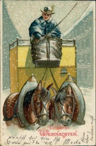 Alte Ansichtskarte Fröhliche Weihnachten, Pferdekutsche, Schneegestöber