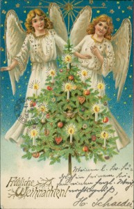 Alte Ansichtskarte Fröhliche Weihnachten, Engel mit Tannenbaum