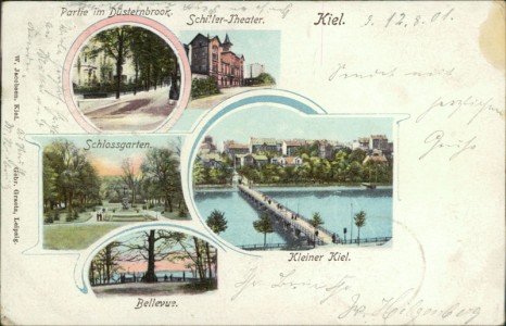 Alte Ansichtskarte Kiel, Partie im Düsternbrook, Schiller-Theater, Schlossgarten, Kleiner Kiel, Bellevue