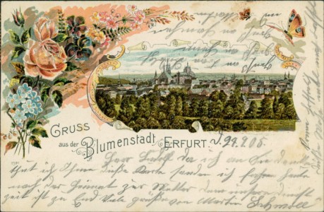 Alte Ansichtskarte Gruss aus der Blumenstadt Erfurt, Teilansicht, Blumen-Dekor (BESCHNITTEN)