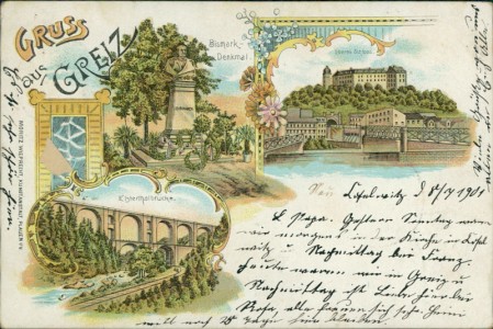 Alte Ansichtskarte Greiz, Bismarck-Denkmal, Oberes Schloss, Elstertalbrücke
