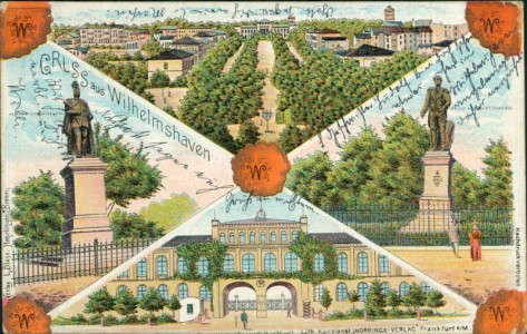 Alte Ansichtskarte Wilhelmshaven, Panorama, Kaiser Wilhelm-Denkmal, Prinz Albert-Denkmal, Eingang zur kaiserlichen Werft