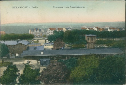 Alte Ansichtskarte Reinickendorf-Hermsdorf, Panorama vom Aussichtsturm mit Bahnhof