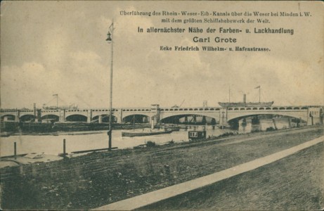 Alte Ansichtskarte Minden, Überführung des Rhein-Weser-Elb-Kanals über die Weser bei Minden i. W. mit dem größten Schiffshebewerk der Welt
