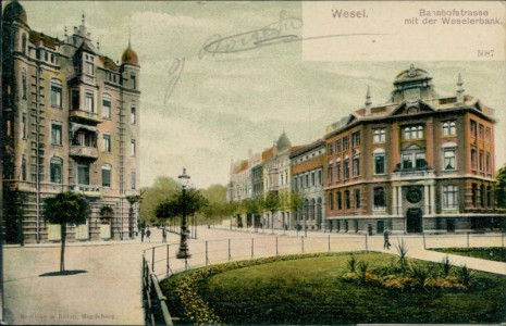 Alte Ansichtskarte Wesel, Bahnhofstrasse mit der Weselerbank