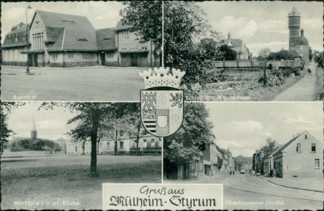 Alte Ansichtskarte Mülheim an der Ruhr-Styrum, Bahnhof, Schloß und Wasserturm, Marktplatz u. ev. Kirche, Oberhausener Straße