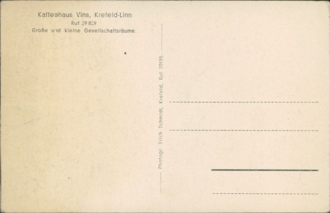 Adressseite der Ansichtskarte Krefeld-Linn, Veranda und Garten Kaffeehaus Vins (DRUCKSTELLE RECHTS)