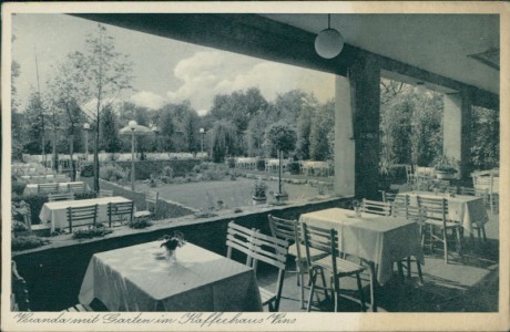 Alte Ansichtskarte Krefeld-Linn, Veranda und Garten Kaffeehaus Vins (DRUCKSTELLE RECHTS)