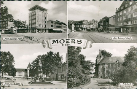 Alte Ansichtskarte Moers, Am königl. Hof, Am Rathaus, Schloß (EINRISS OBEN RECHTS)