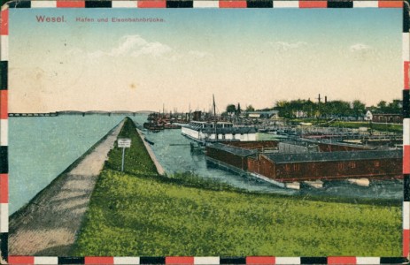 Alte Ansichtskarte Wesel, Hafen und Eisenbahnbrücke