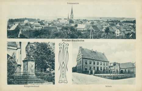Alte Ansichtskarte Nieder-Saulheim, Totalansicht, Kriegerdenkmal, Schule