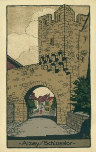 Alte Ansichtskarte Alzey, Schlosstor (Künstler-Stein-Zeichnung)
