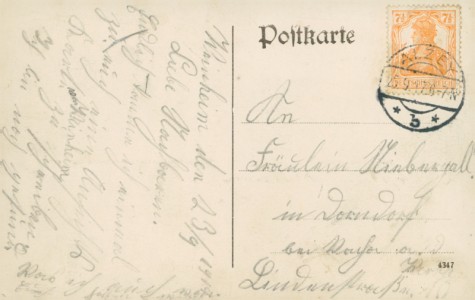 Adressseite der Ansichtskarte Alzey-Weinheim, Gesamtansicht, Villa Heiligenbluth, Spezereihandlung von Georg Bernhard