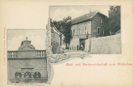Alte Ansichtskarte Wörrstadt, Gast- und Gartenwirtschaft zum Mühlchen, Brunnen mit Stadtwappen