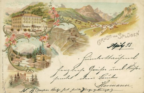 Alte Ansichtskarte Gruss aus Splügen, Hotel Bodenhaus, Panorama