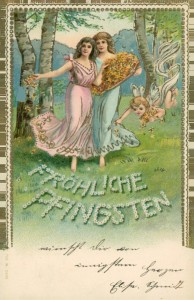 Alte Ansichtskarte Fröhliche Pfingsten, Frauen mit Blumen, Vergissmeinnicht, Engelchen (Prägelitho)