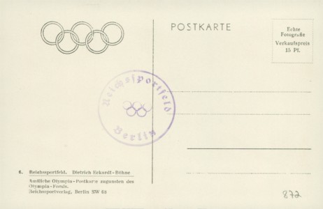 Adressseite der Ansichtskarte Reichssportfeld, Dietrich Eckardt-Bühne
