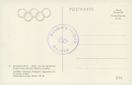 Adressseite der Ansichtskarte Reichssportfeld, Blick von der Deutschen Kampfbahn auf das Schwimmstadtion