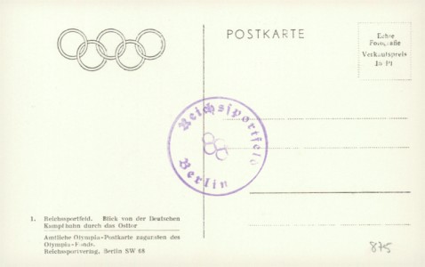 Adressseite der Ansichtskarte Reichssportfeld, Blick von der Deutschen Kampfbahn auf das Osttor