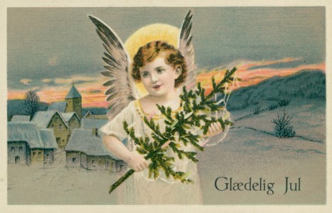 Alte Ansichtskarte Frohe Weihnachten / glædelig jul, Engel mit Tannenbaum