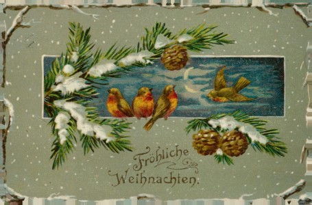 Alte Ansichtskarte Fröhliche Weihnachten, Rotkehlchen, Tennenzwei, Tannenzapfen (leicht geprägt)